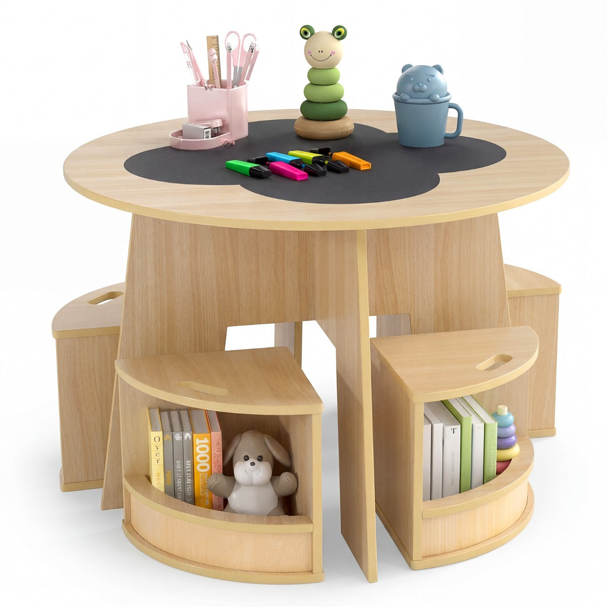 LIVSK Kindertafel en Stoelen Set - Ronde Tafel met 4 Krukjes - Verstevigd MDF - Opbergvakken - Veilig Ontwerp - Natuur