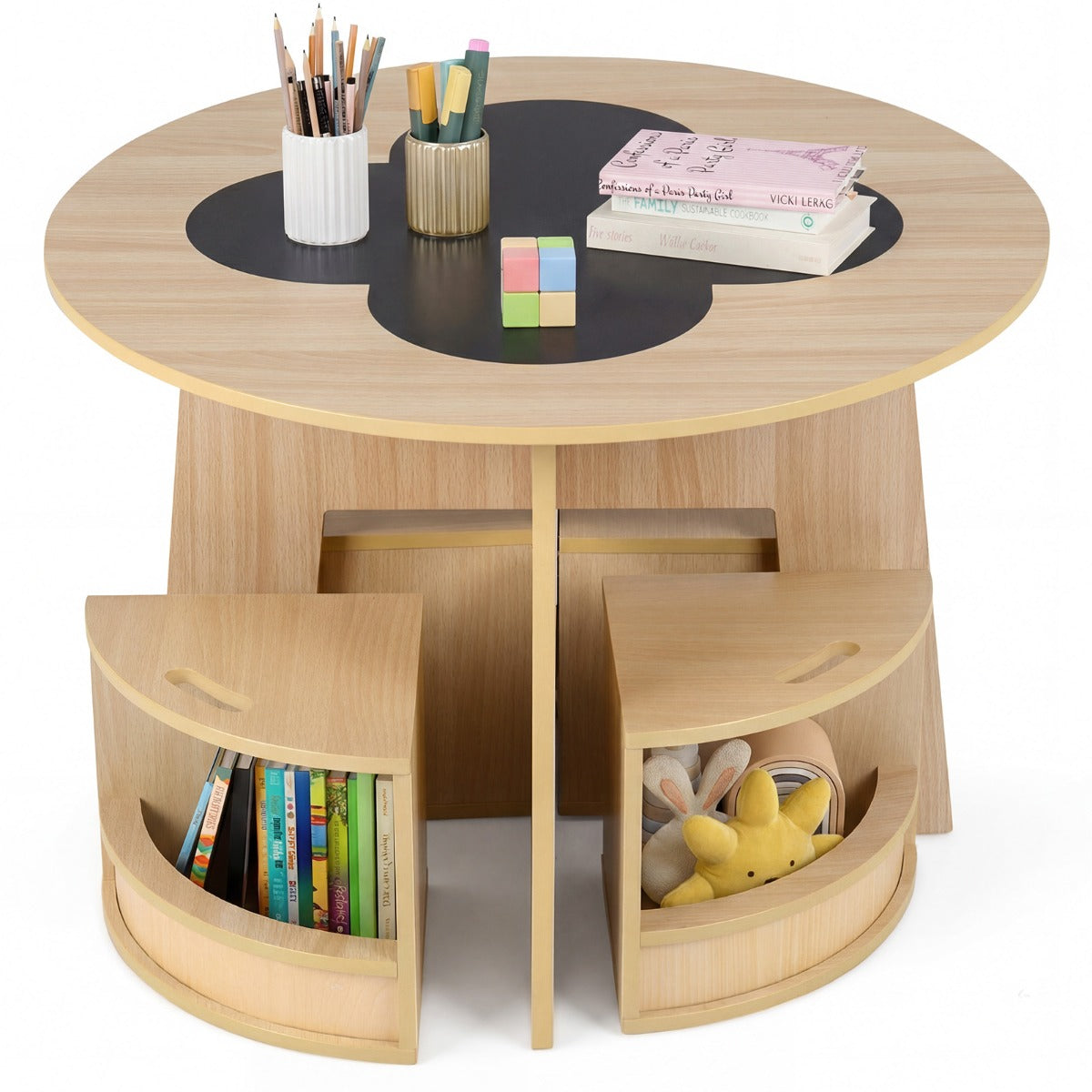 LIVSK Kindertafel en Stoelen Set - Ronde Tafel met 4 Krukjes - Verstevigd MDF - Opbergvakken - Veilig Ontwerp - Natuur