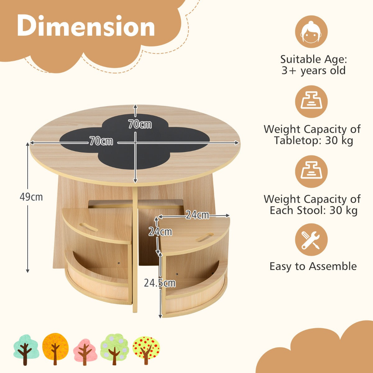 LIVSK Kindertafel en Stoelen Set - Ronde Tafel met 4 Krukjes - Verstevigd MDF - Opbergvakken - Veilig Ontwerp - Natuur