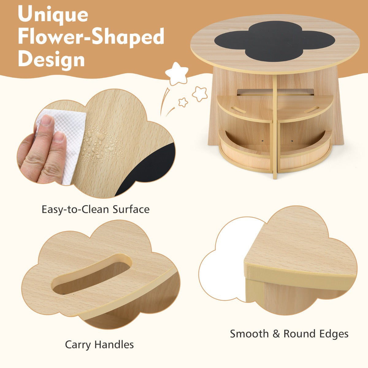 LIVSK Kindertafel en Stoelen Set - Ronde Tafel met 4 Krukjes - Verstevigd MDF - Opbergvakken - Veilig Ontwerp - Natuur