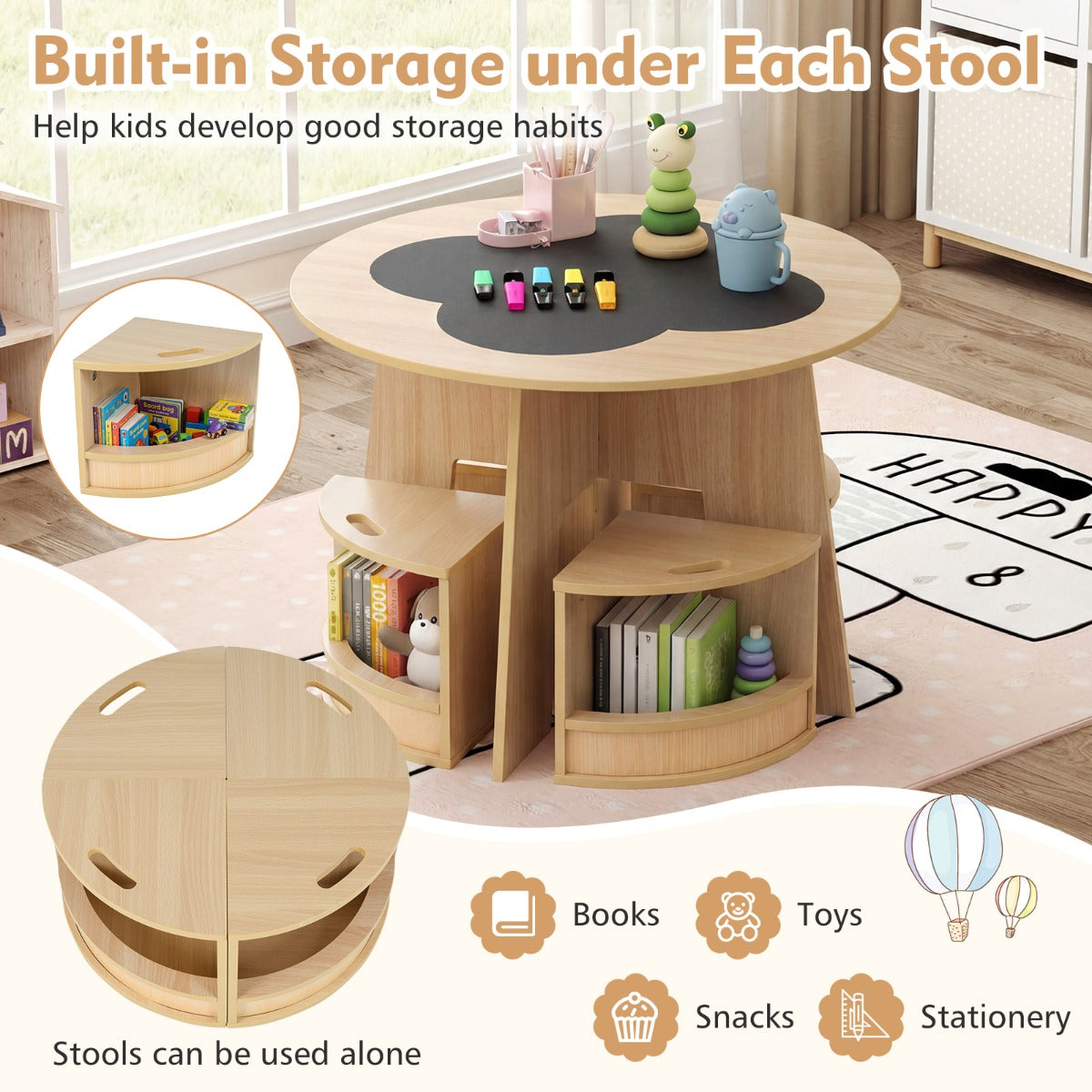 LIVSK Kindertafel en Stoelen Set - Ronde Tafel met 4 Krukjes - Verstevigd MDF - Opbergvakken - Veilig Ontwerp - Natuur