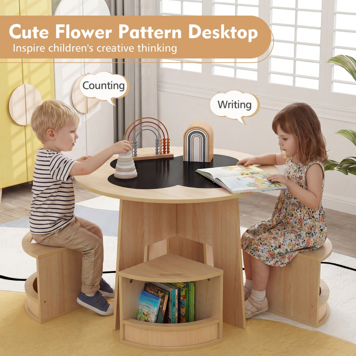 LIVSK Kindertafel en Stoelen Set - Ronde Tafel met 4 Krukjes - Verstevigd MDF - Opbergvakken - Veilig Ontwerp - Natuur