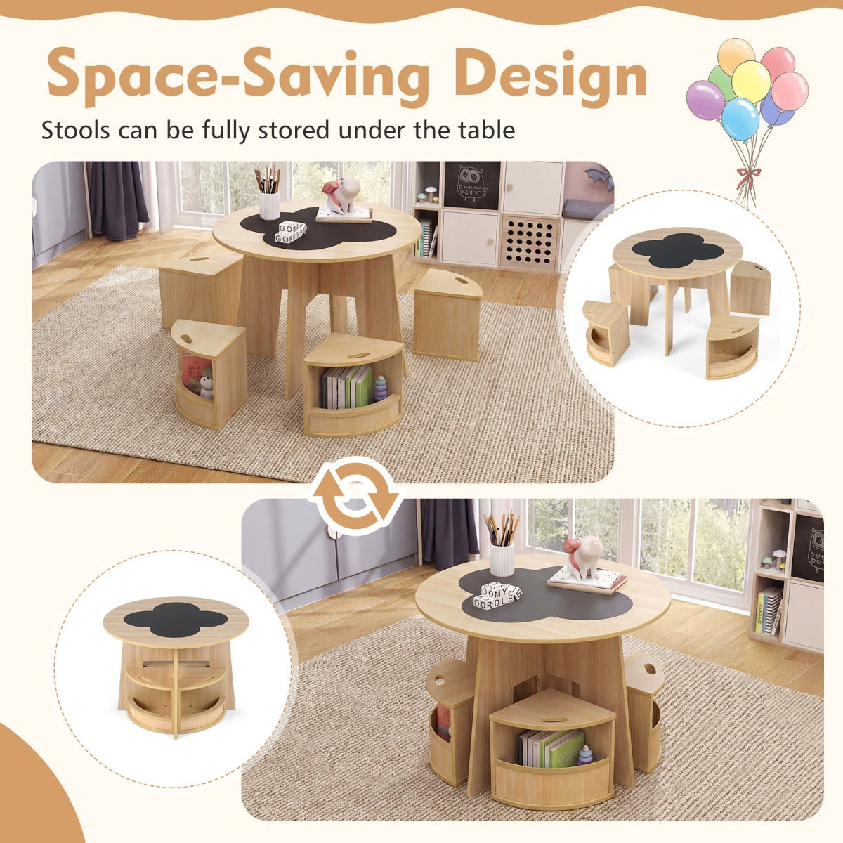 LIVSK Kindertafel en Stoelen Set - Ronde Tafel met 4 Krukjes - Verstevigd MDF - Opbergvakken - Veilig Ontwerp - Natuur