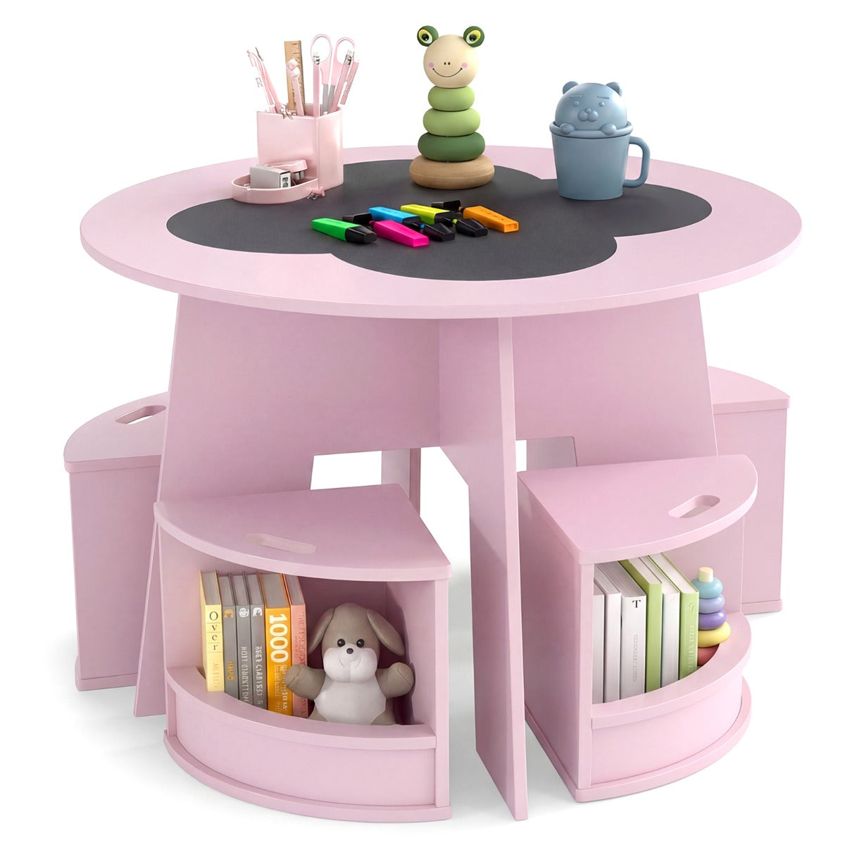 LIVSK Kindertafel en Stoelen Set - Ronde Tafel met 4 Krukjes - Verstevigd MDF - Opbergvakken - Veilig Ontwerp - Roze
