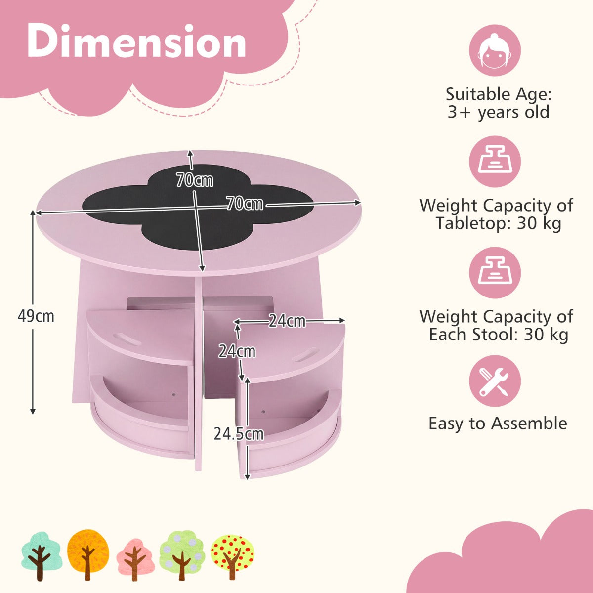 LIVSK Kindertafel en Stoelen Set - Ronde Tafel met 4 Krukjes - Verstevigd MDF - Opbergvakken - Veilig Ontwerp - Roze