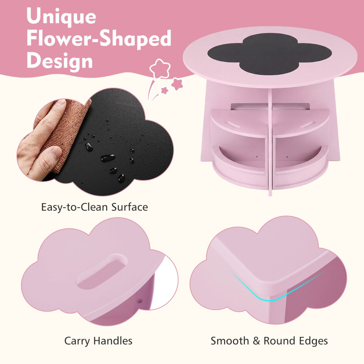 LIVSK Kindertafel en Stoelen Set - Ronde Tafel met 4 Krukjes - Verstevigd MDF - Opbergvakken - Veilig Ontwerp - Roze