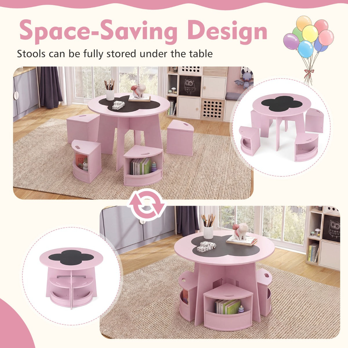 LIVSK Kindertafel en Stoelen Set - Ronde Tafel met 4 Krukjes - Verstevigd MDF - Verstevigde Opbergruimte - Roze