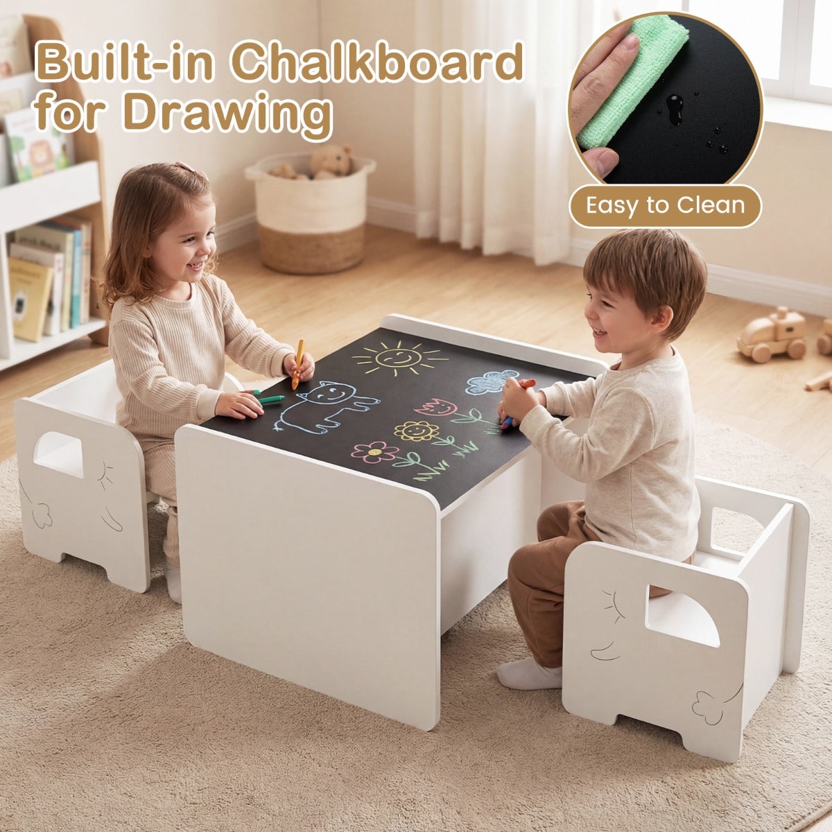 LIVSK Kindertafel met 2 Stoelen - Creatieve Ruimte - Veilig Houtcomposiet - Ruimtebesparend - Geschikt vanaf 3 jaar -