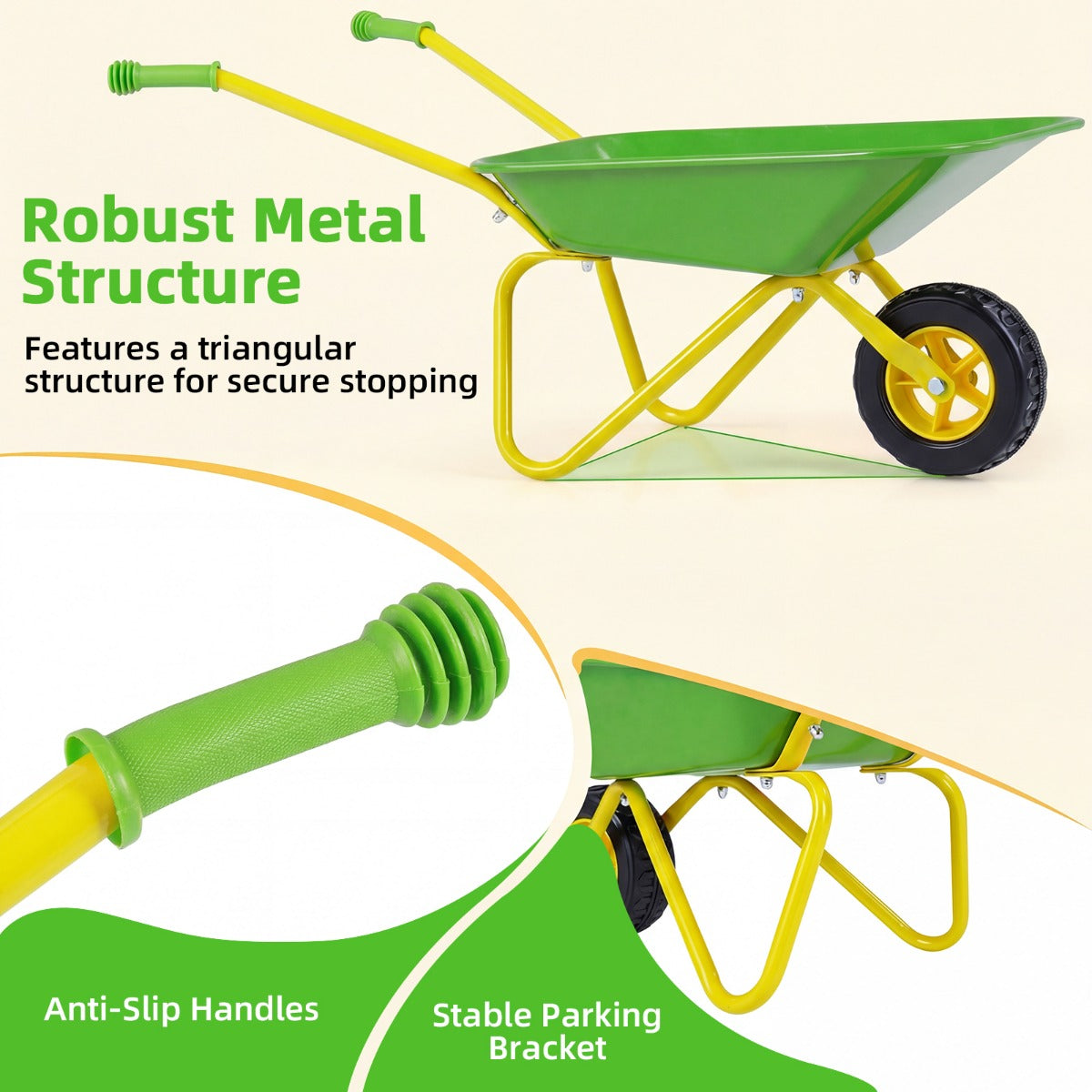 LIVSK Kindertuinwagen - Robuust Metaal - Veilig met Antisliphandgrepen - Draagvermogen 15 kg - Rood/Groen & Geel