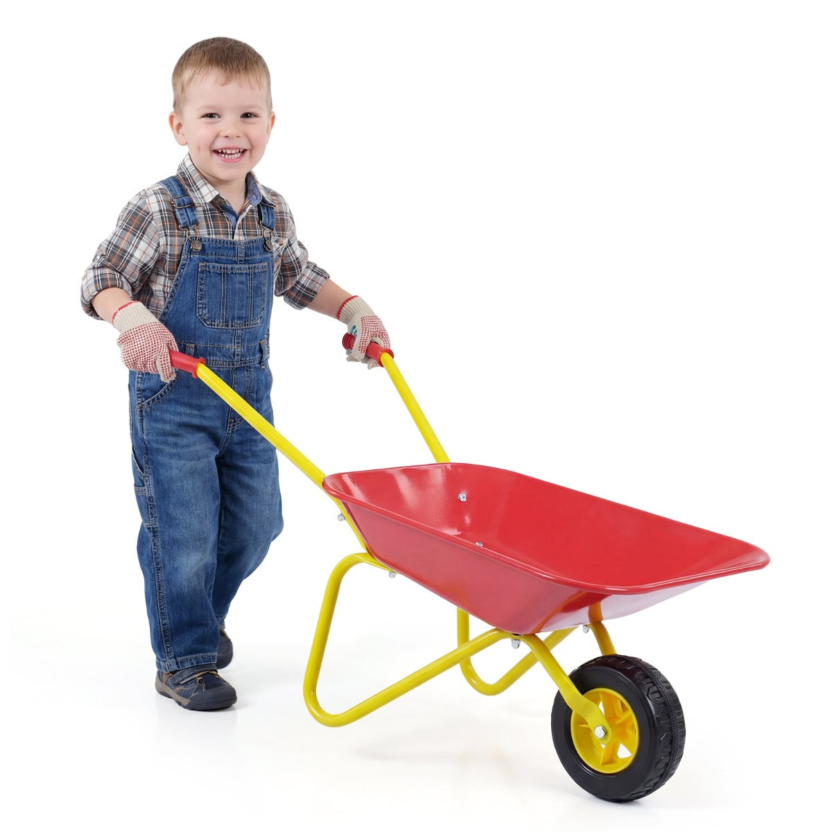 LIVSK Kindertuinwagen - Stevig Metaal - Antislip Handgrepen - Robuuste Terreinbanden - Draagvermogen 15 kg - Rood/Groen & Geel