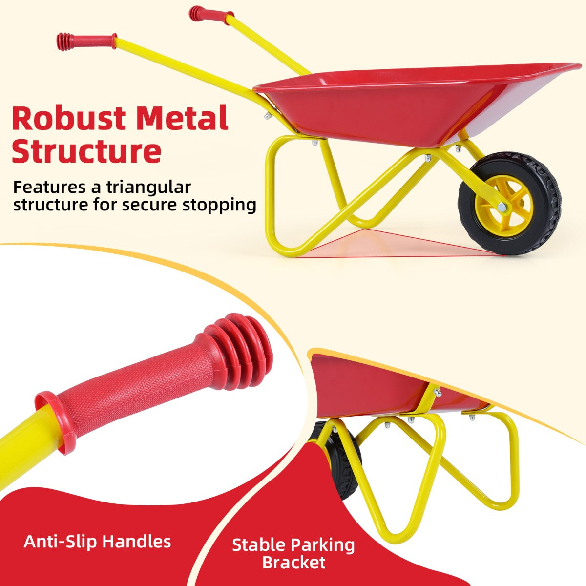 LIVSK Kindertuinwagen - Stevig Metaal - Antislip Handgrepen - Robuuste Terreinbanden - Draagvermogen 15 kg - Rood/Groen & Geel