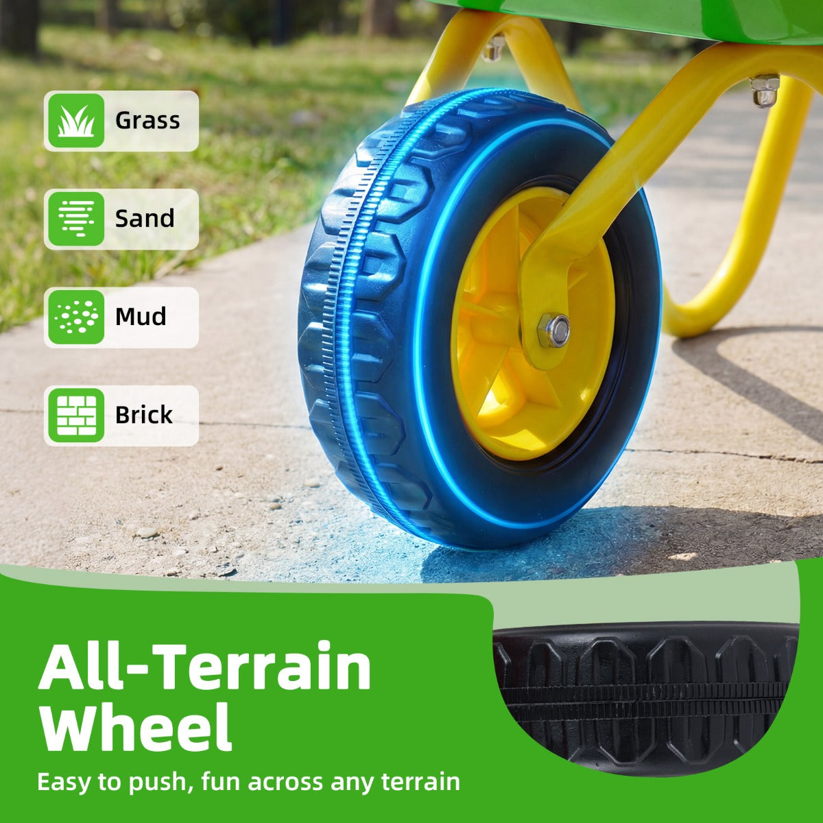 LIVSK Kindertuinwagen - Stevig Metaal - Antislip Handgrepen - Terreinbanden - Draagvermogen 15 kg - Rood/Groen & Geel