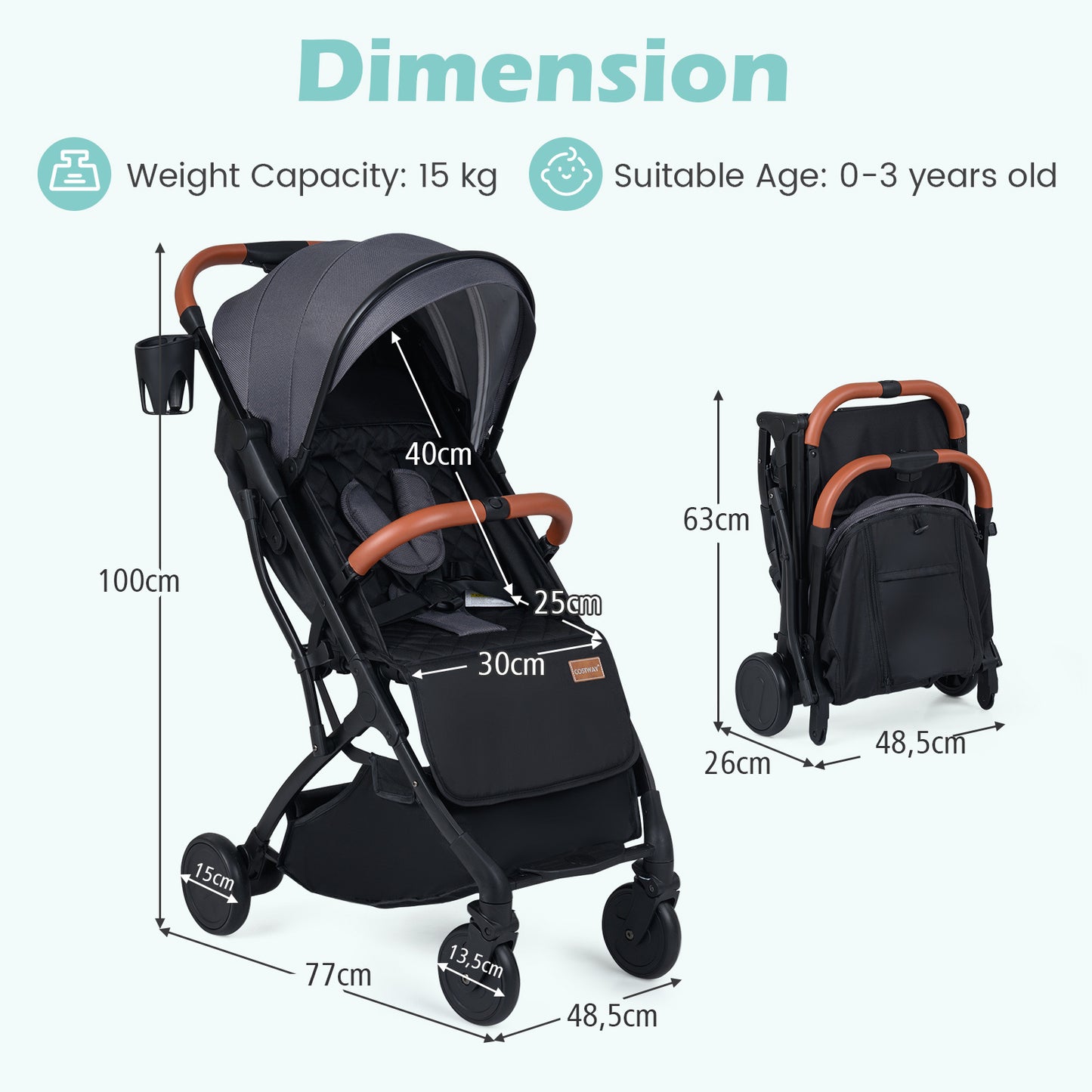 LIVSK Kinderwagen - Lichtgewicht en Eenvoudig Opvouwbaar - Verstelbare Rugleuning - Inclusief Regenbescherming - Zwart/Grijs/Roze