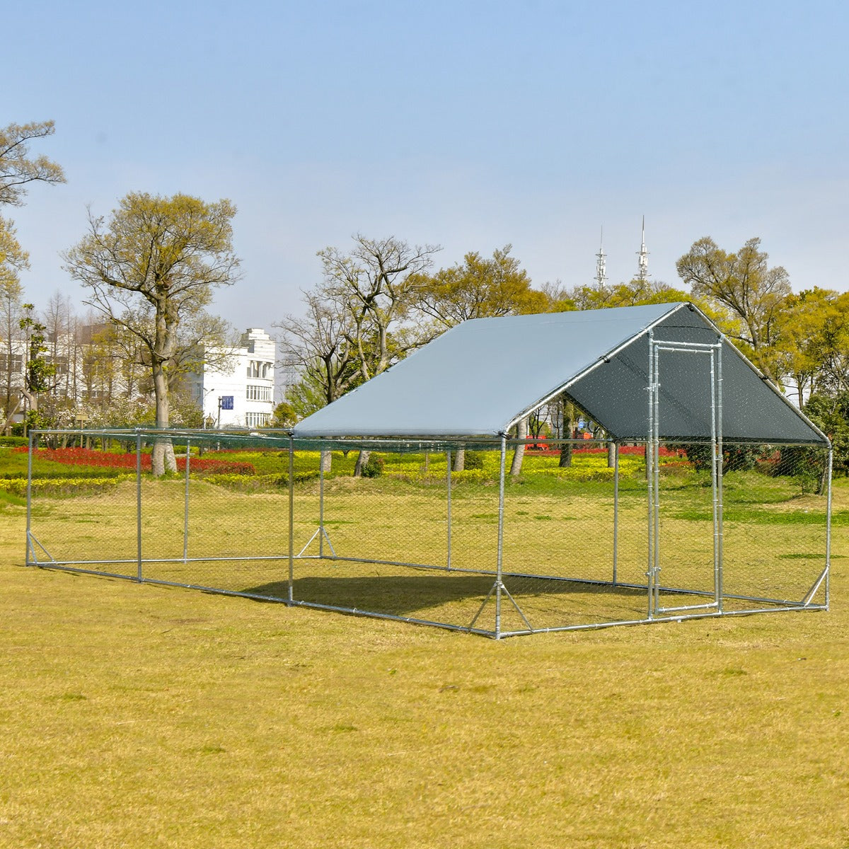 LIVSK Kippenren Vrijloop 600 x 300 x 195 cm - Verzinkt Stalen Frame - Afneembare Oxford-hoes - Veiligheidsdeur - Zilver