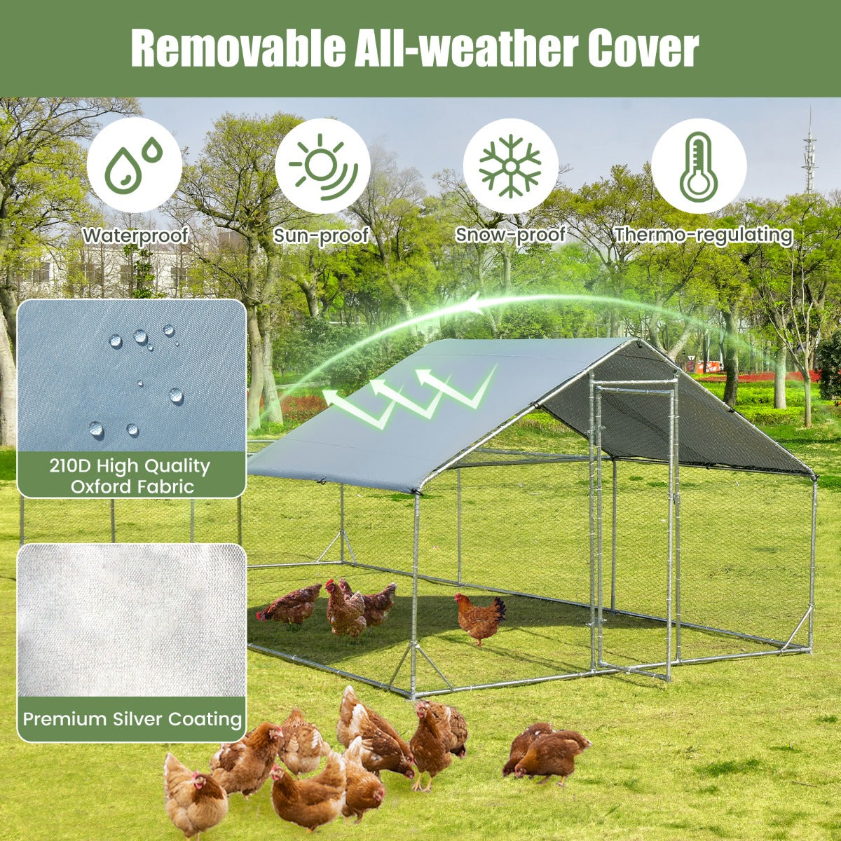 LIVSK Kippenren Vrijloop 600 x 300 x 195 cm - Verzinkt Stalen Frame - Afneembare Oxford-hoes - Veiligheidsdeur - Zilver