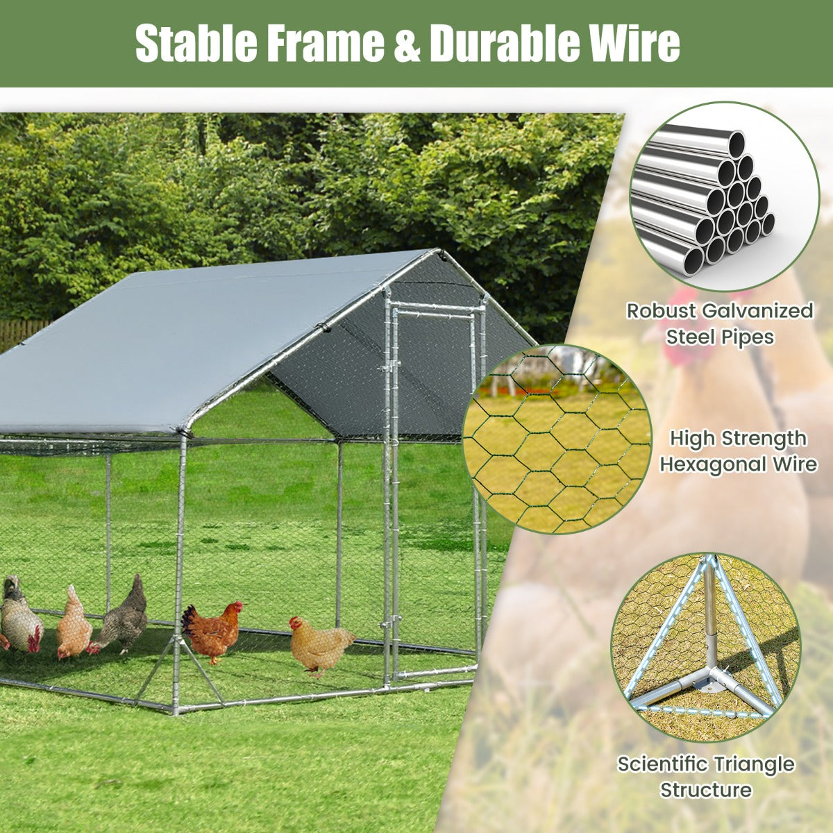 LIVSK Kippenren Vrijloop 600 x 300 x 195 cm - Verzinkt Stalen Frame - Afneembare Oxford-hoes - Veiligheidsdeur - Zilver