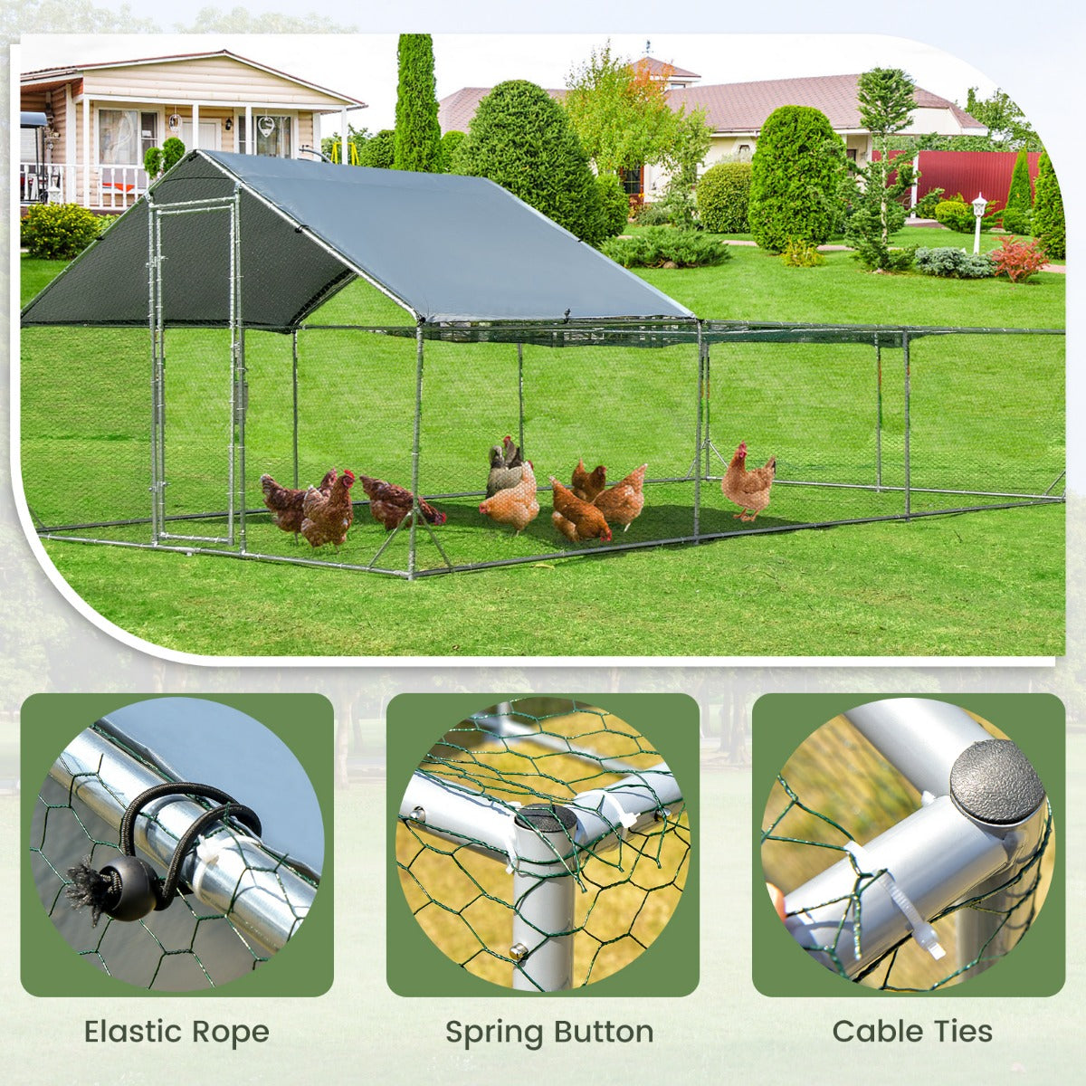LIVSK Kippenren Vrijloop 600 x 300 x 195 cm - Verzinkt Stalen Frame - Afneembare Oxford-hoes - Veiligheidsdeur - Zilver