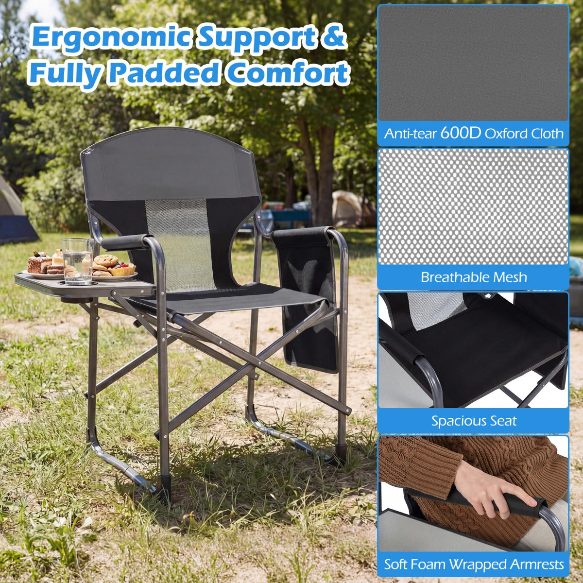 LIVSK Klapstoel - Ergonomische Rugleuning - Draagvermogen 180 kg - Inclusief Bekerhouder en Opbergtas - Bruin