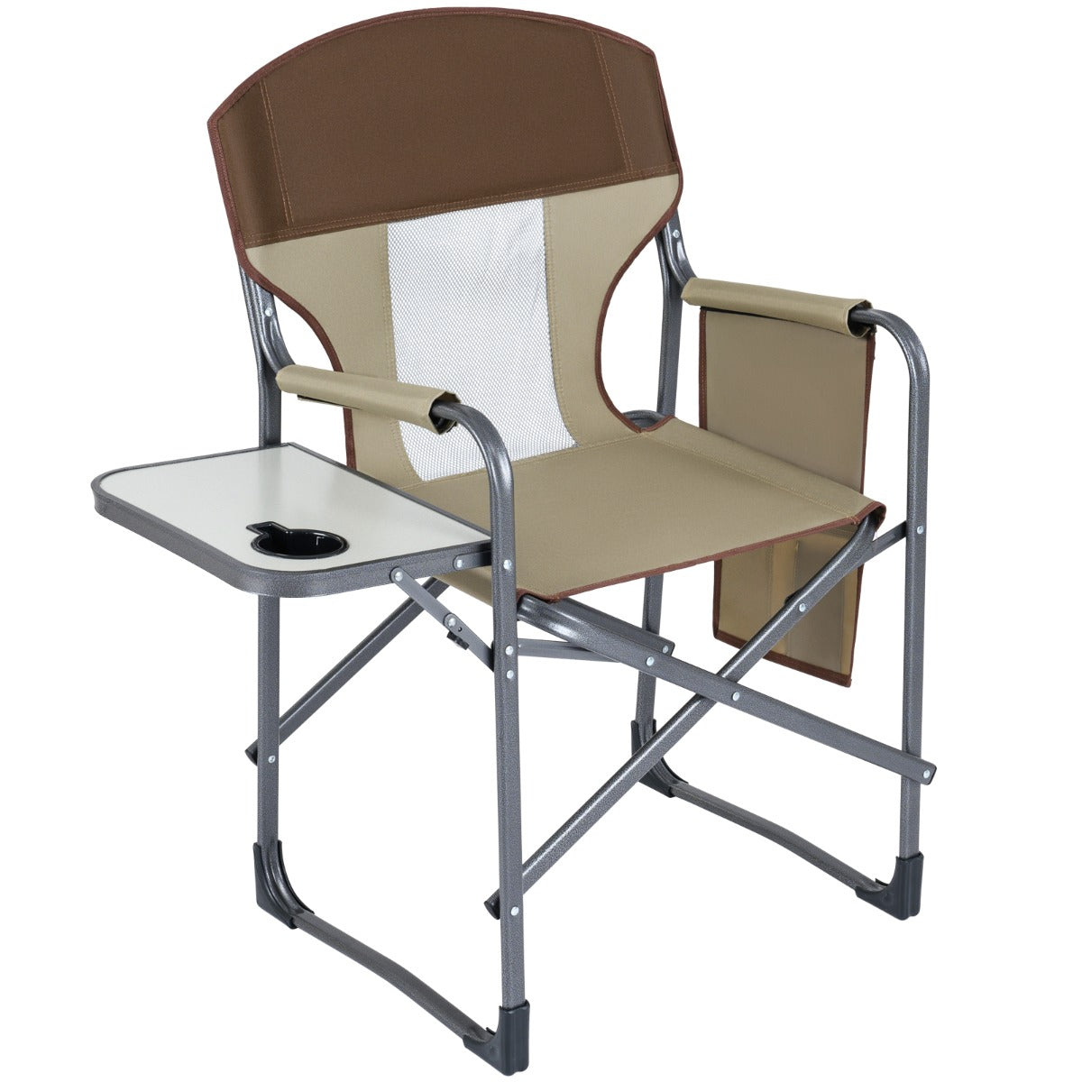 LIVSK Klapstoel - Ergonomische Rugleuning - Duurzaam Oxford - Bekerhouder & Opbergtas - Draagvermogen 180 kg - Bruin