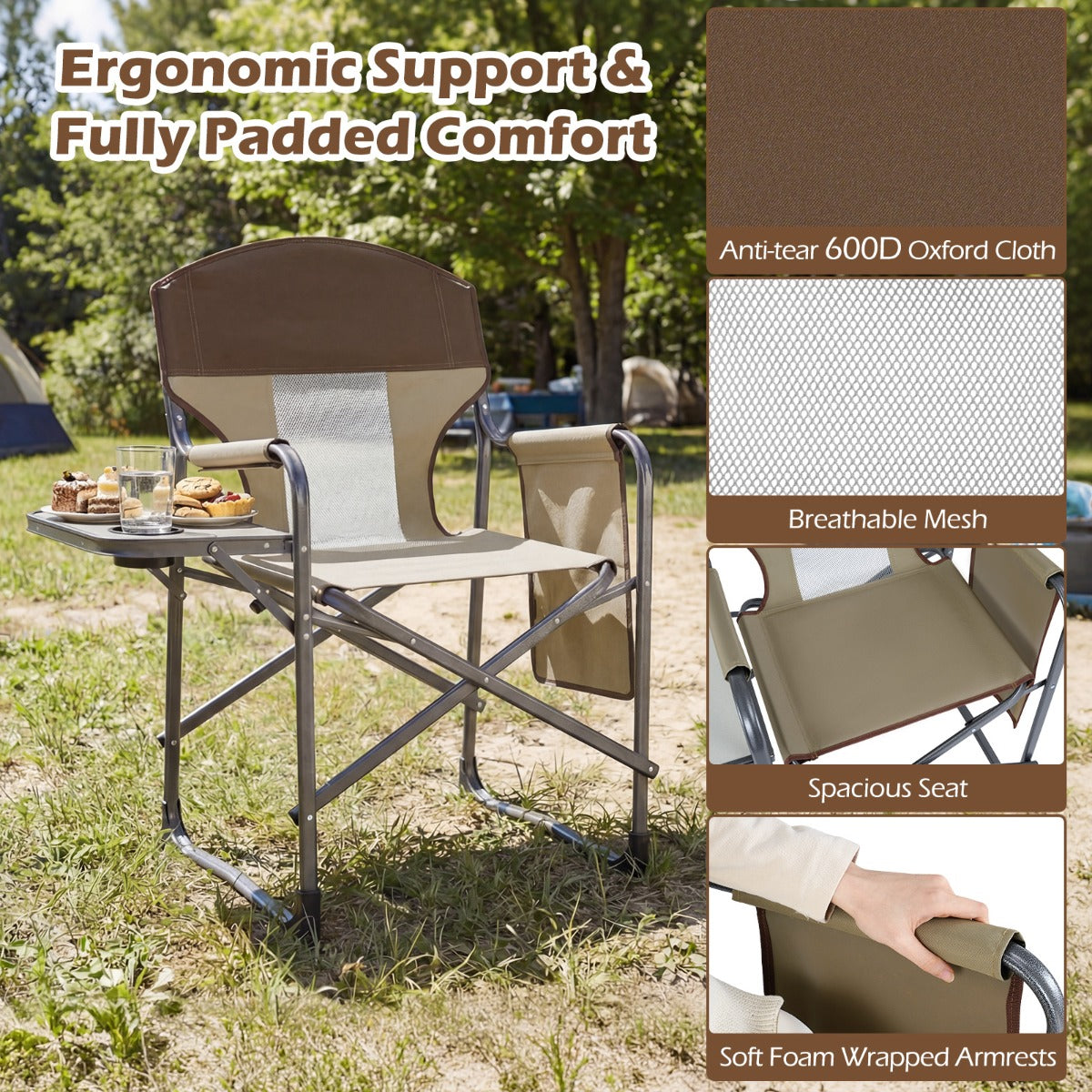 LIVSK Klapstoel - Ergonomische Rugleuning - Duurzaam Oxford - Bekerhouder & Opbergtas - Draagvermogen 180 kg - Bruin