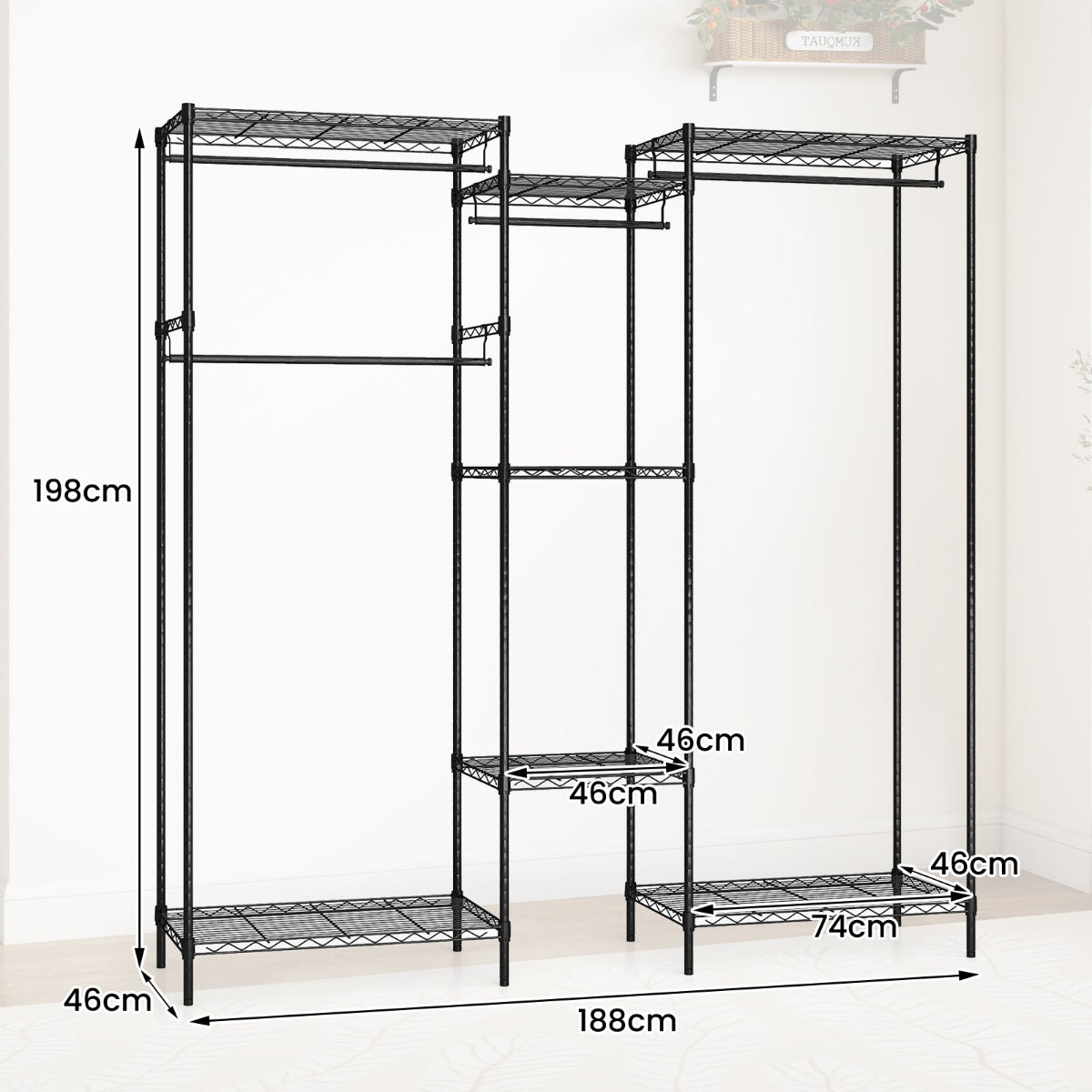 LIVSK Kledingkast - Verstelbare Hangstangen - Ruime Hangruimte - 7 Metalen Planken - Zwart