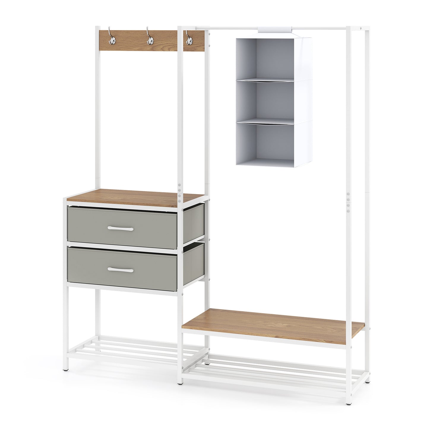 LIVSK Kledingstandaard - 6-in-1 Garderobe - Versterkt Metaal - 2 Uitneembare Lades - 138 x 35 x 161 cm - Wit