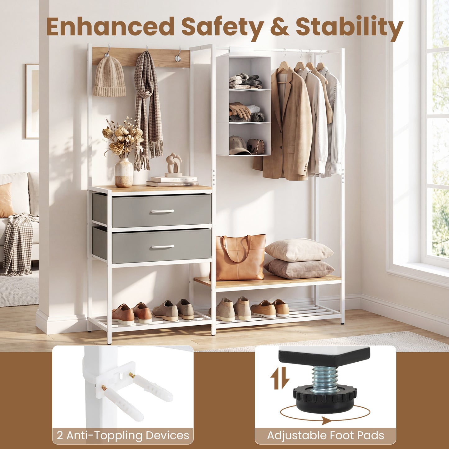 LIVSK Kledingstandaard - 6-in-1 Garderobe - Versterkt Metaal - 2 Uitneembare Lades - 138 x 35 x 161 cm - Wit