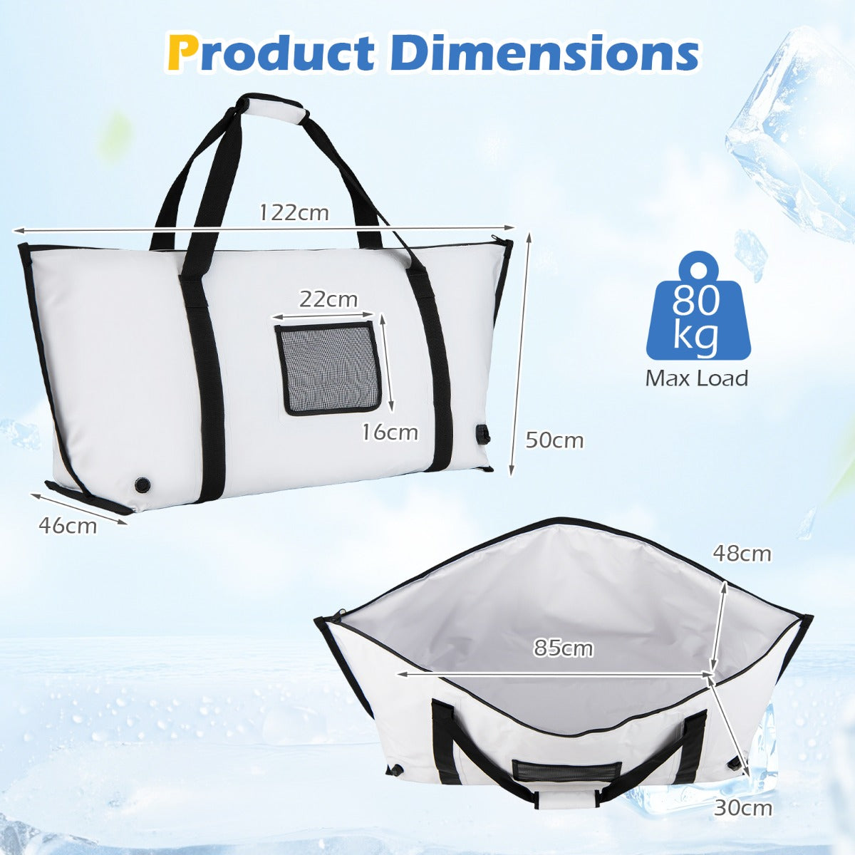 LIVSK Koeltas voor Vis - Waterdicht PVC - Houdt IJs 24 Uur Koud - Grote Capaciteit 60/80L - Wit