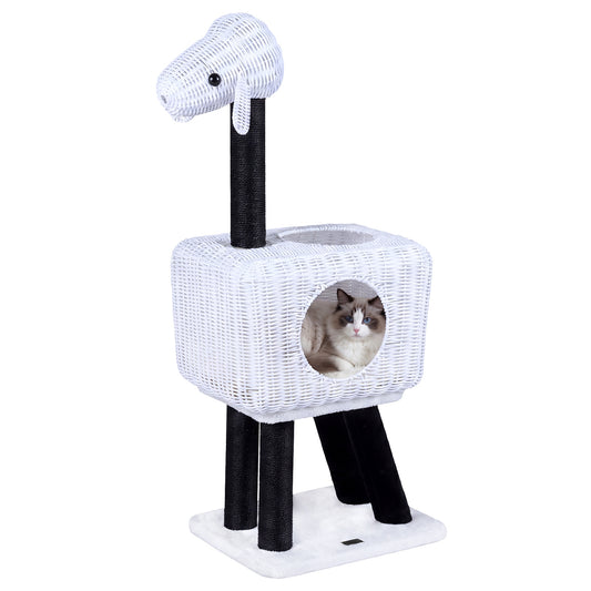 LIVSK Krabpaal voor Katten - Schapenontwerp - Duurzame Sisalstammen - Ruime Kattenhol - Interactieve Speelbal - Wit + Zwart