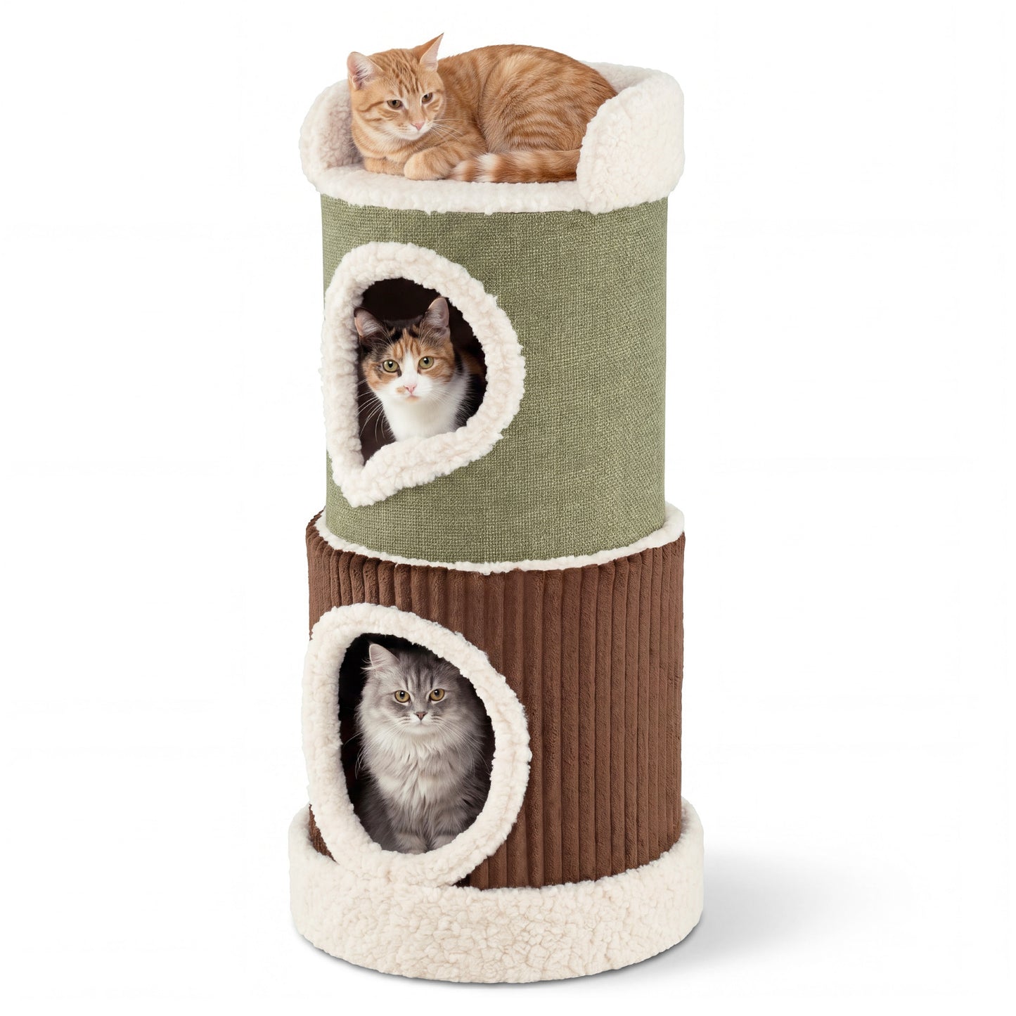 LIVSK Krabton - 3 Niveaus - Houten Structuur - Eenvoudige Reiniging - Voor 3 Katten - Groen + Bruin + Beige
