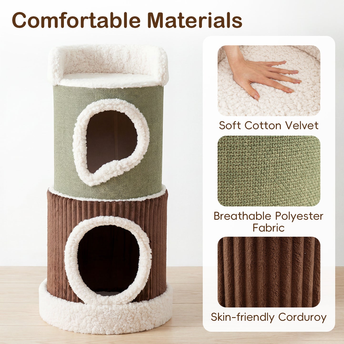 LIVSK Krabton - 3 Niveaus - Houten Structuur - Eenvoudige Reiniging - Voor 3 Katten - Groen + Bruin + Beige