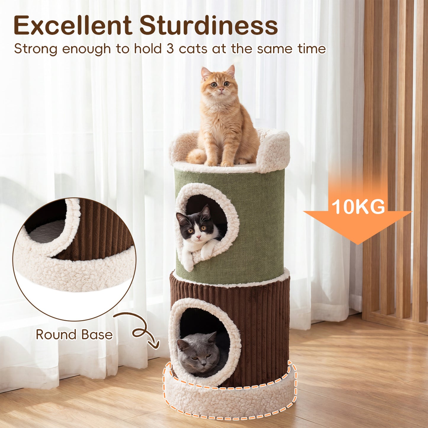 LIVSK Krabton voor Katten - 3 Niveaus - Houten Structuur - Eenvoudige Reiniging - Voor 3 Katten - Groen + Bruin + Beige