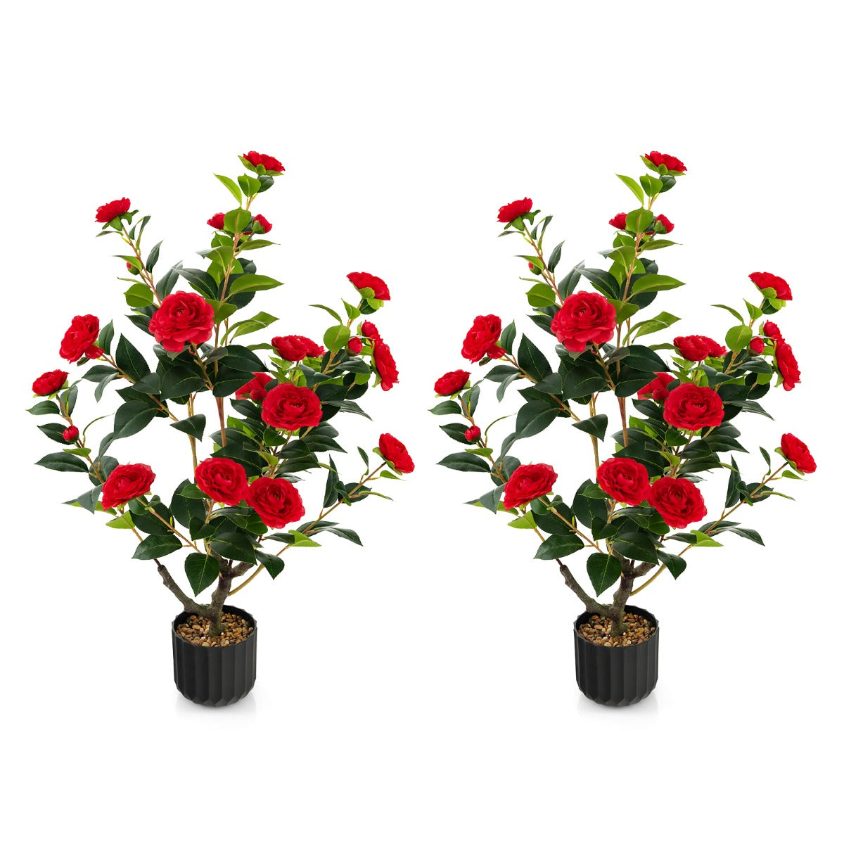 LIVSK Kunstcamelia 95 cm - Levensechte Nepbloemen met Glanzende Kiezels - Onderhoudsvrij - Perfect voor Huis en Kantoor - Rood