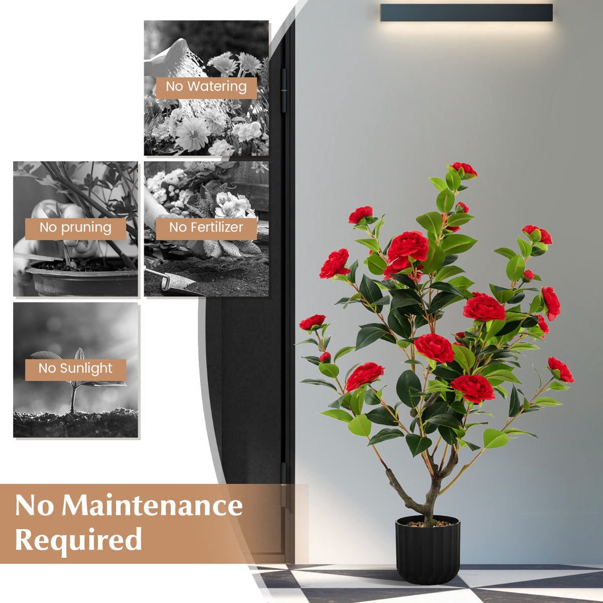 LIVSK Kunstcamelia 95 cm - Levensechte Nepbloemen met Glanzende Kiezels - Onderhoudsvrij - Perfect voor Huis en Kantoor - Rood