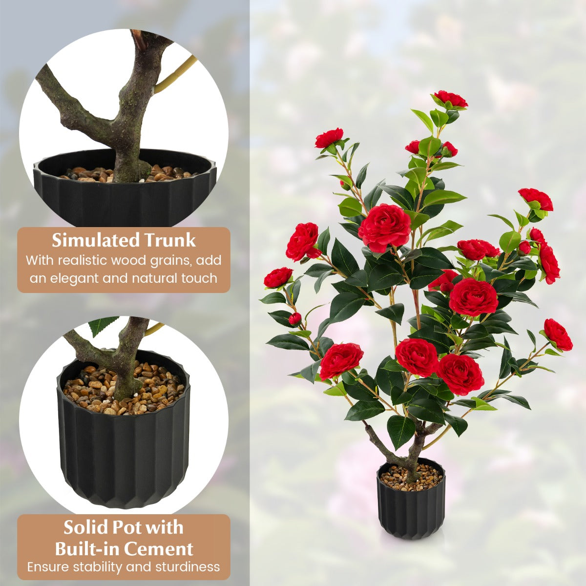 LIVSK Kunstcamelia 95 cm - Levensechte Nepbloemen met Glanzende Kiezels - Onderhoudsvrij - Perfect voor Huis en Kantoor - Rood