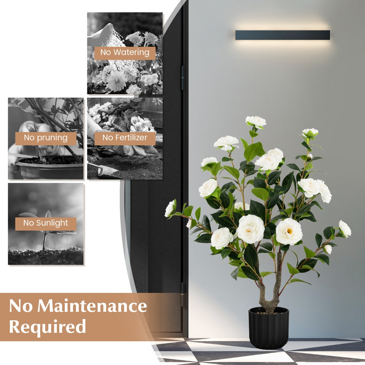 LIVSK Kunstcamelia Kunstplant - Levensechte Bloemen en Bladeren - Onderhoudsvrij - Decoratie voor Huis en Kantoor - 95 cm - Wit