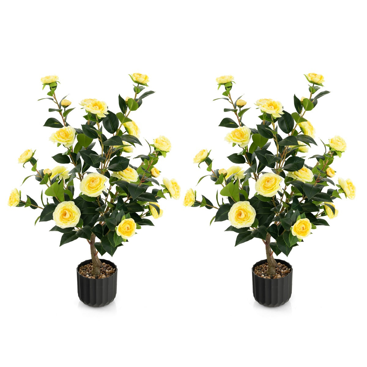 LIVSK Kunstcamelia Nepbloemenplant - Levensecht met 24 Bloemen en 186 Bladeren - Onderhoudsvrij - 95 cm Hoog - Geel + Groen +
