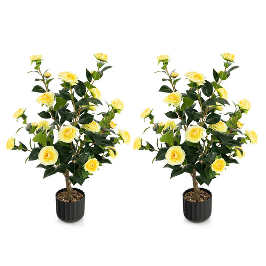 LIVSK Kunstcamelia Nepbloemenplant - Levensecht met 24 Bloemen en 186 Bladeren - Onderhoudsvrij - 95 cm Hoog - Geel + Groen +