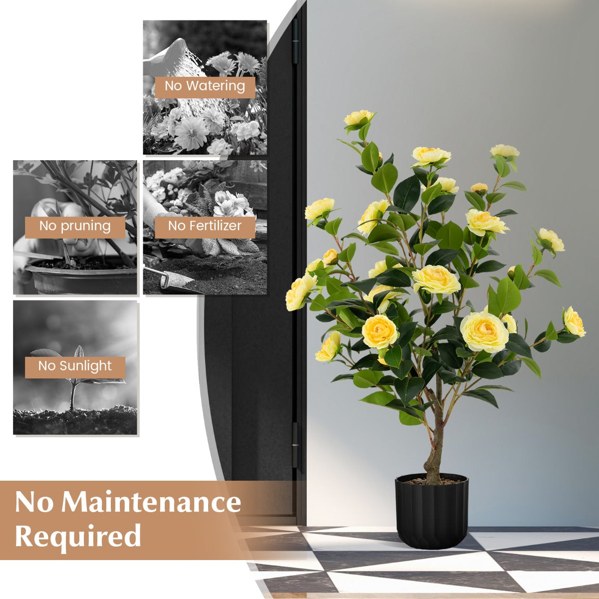 LIVSK Kunstcamelia Nepbloemenplant - Levensecht met 24 Bloemen en 186 Bladeren - Onderhoudsvrij - 95 cm Hoog - Geel + Groen +