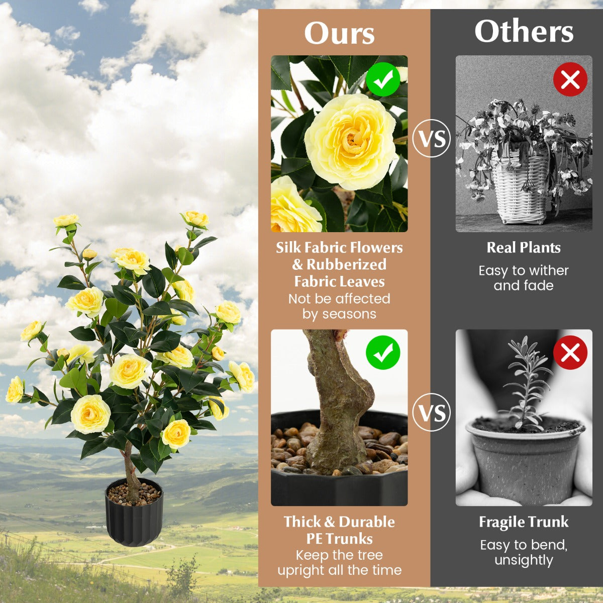 LIVSK Kunstcamelia Nepbloemenplant - Levensecht met 24 Bloemen en 186 Bladeren - Onderhoudsvrij - 95 cm Hoog - Geel + Groen +