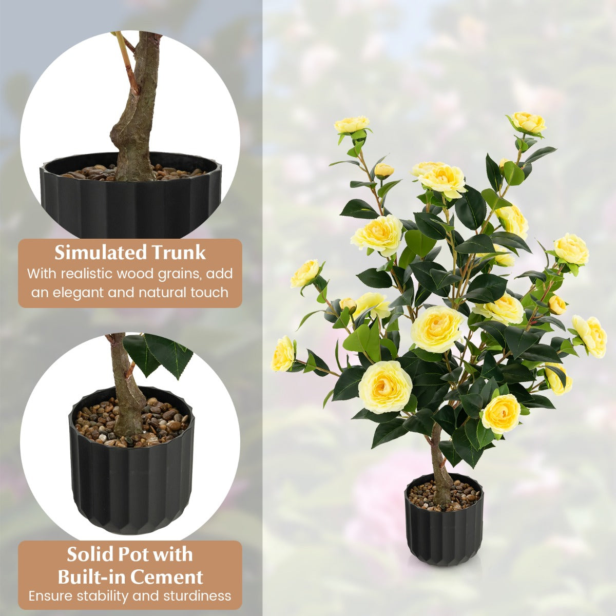 LIVSK Kunstcamelia Nepbloemenplant - Levensecht met 24 Bloemen en 186 Bladeren - Onderhoudsvrij - 95 cm Hoog - Geel + Groen +