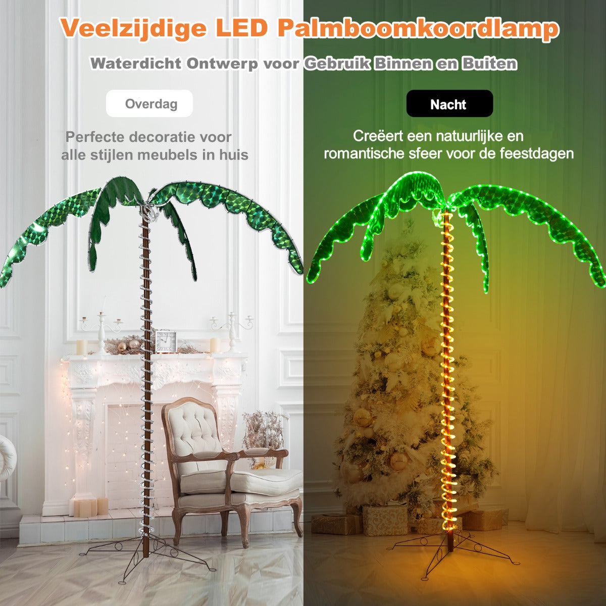 LIVSK Kunstmatige Palmboom - Warme LED Verlichting - Stevige Metalen Basis - Voor Binnen & Buiten - Groen en Bruin