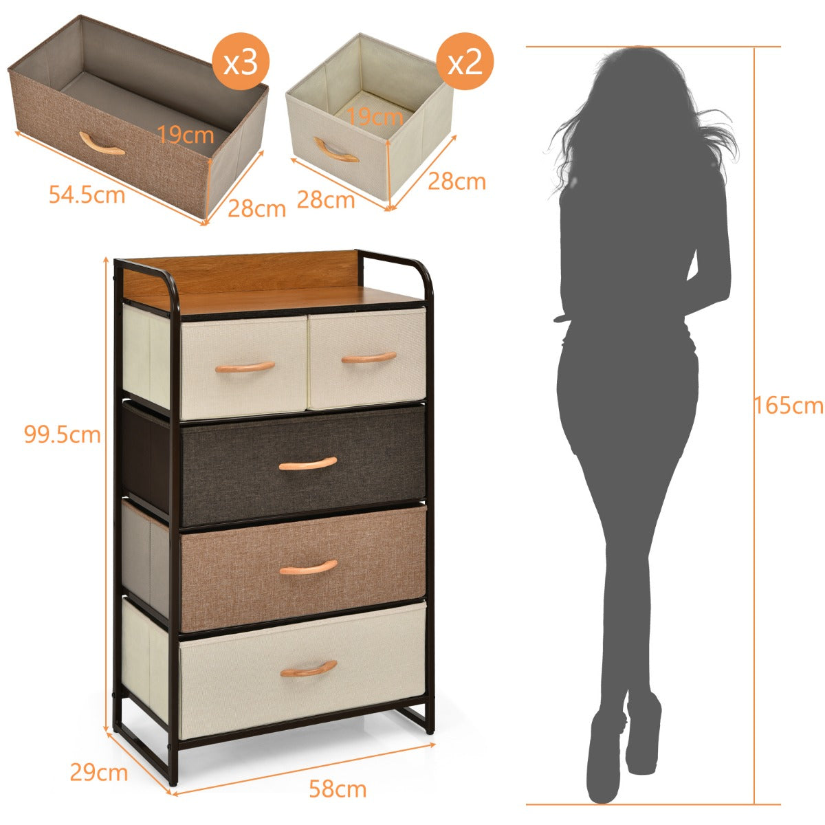 LIVSK Ladenkast met 5 Inklapbare Lades - Stevig Stalen Frame - Waterdicht MDF-Blad - Modern Ontwerp - 58 x 29 x 99,5 cm