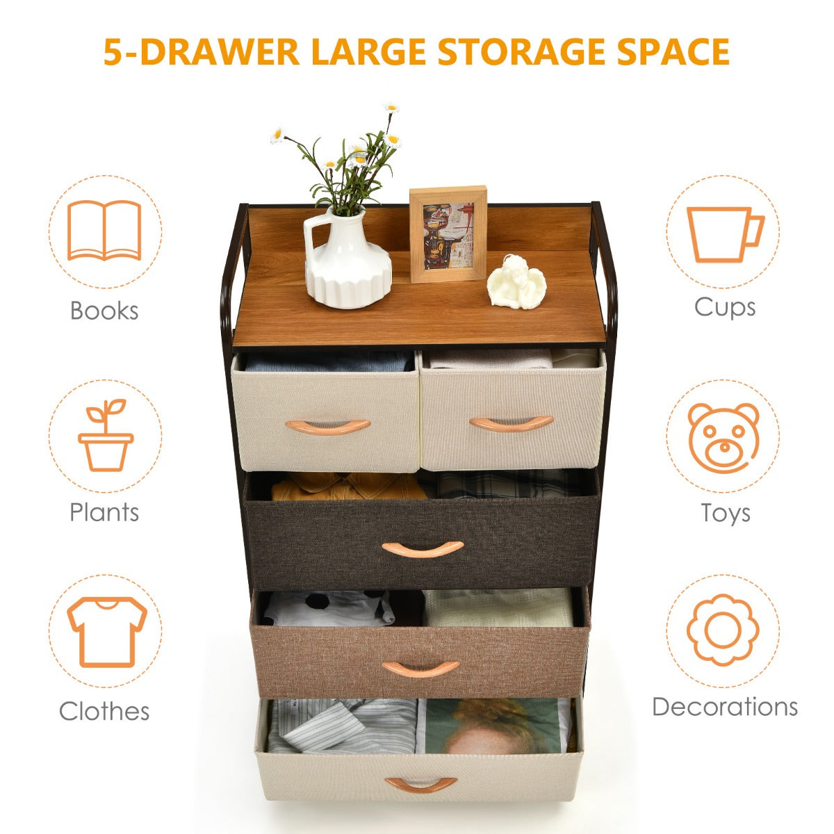 LIVSK Ladenkast met 5 Inklapbare Lades - Stevig Stalen Frame - Waterdicht MDF-Blad - Modern Ontwerp - 58 x 29 x 99,5 cm