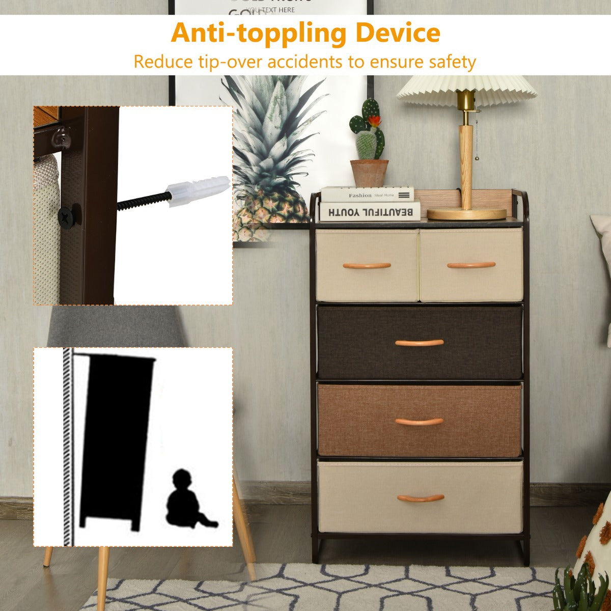LIVSK Ladenkast met 5 Inklapbare Lades - Stevig Stalen Frame - Waterdicht MDF-Blad - Modern Ontwerp - 58 x 29 x 99,5 cm