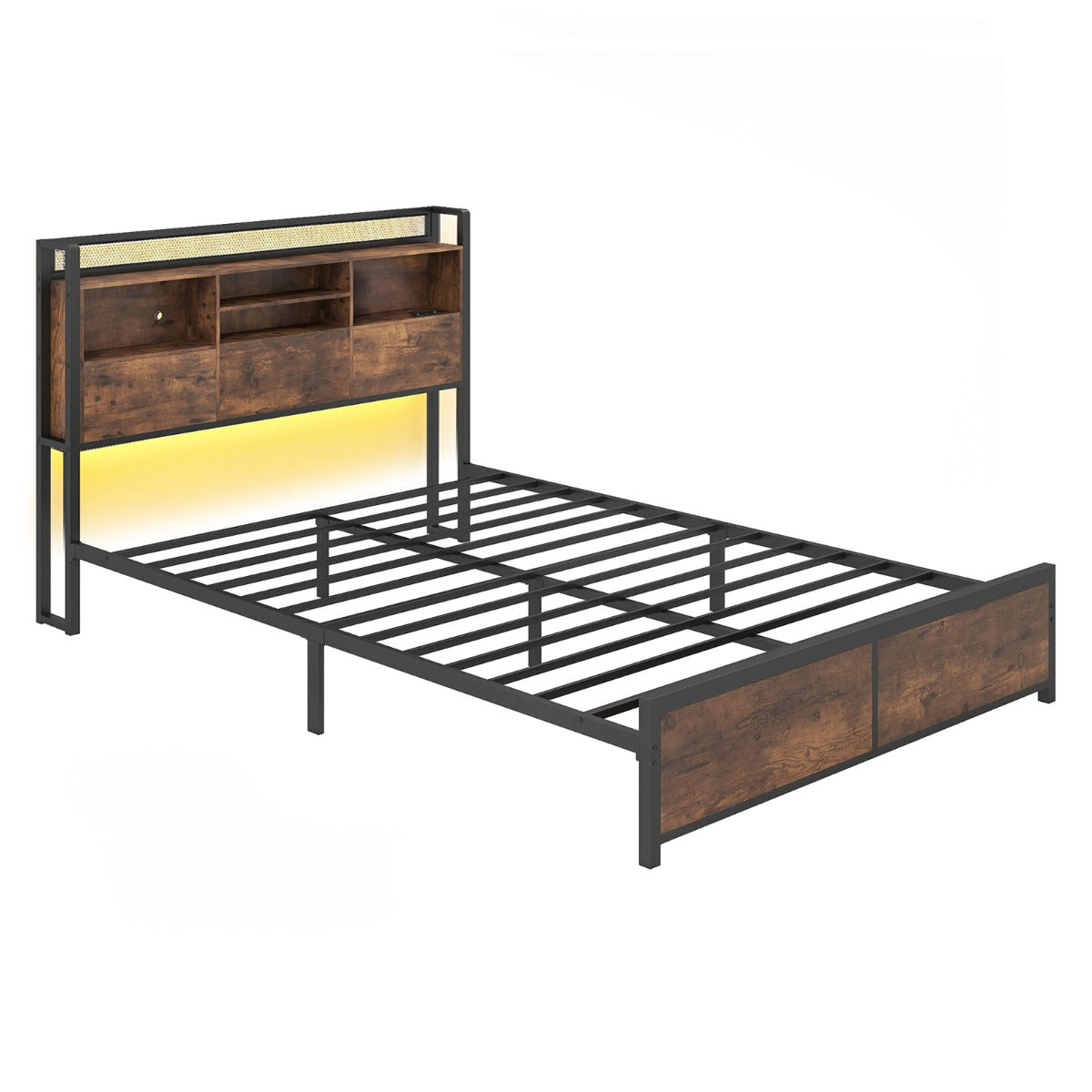 LIVSK LED-Bedframe - Aanpasbare RGB-Verlichting - Geïntegreerd Oplaadstation - Slimme Opbergruimte - Rustiek Bruin