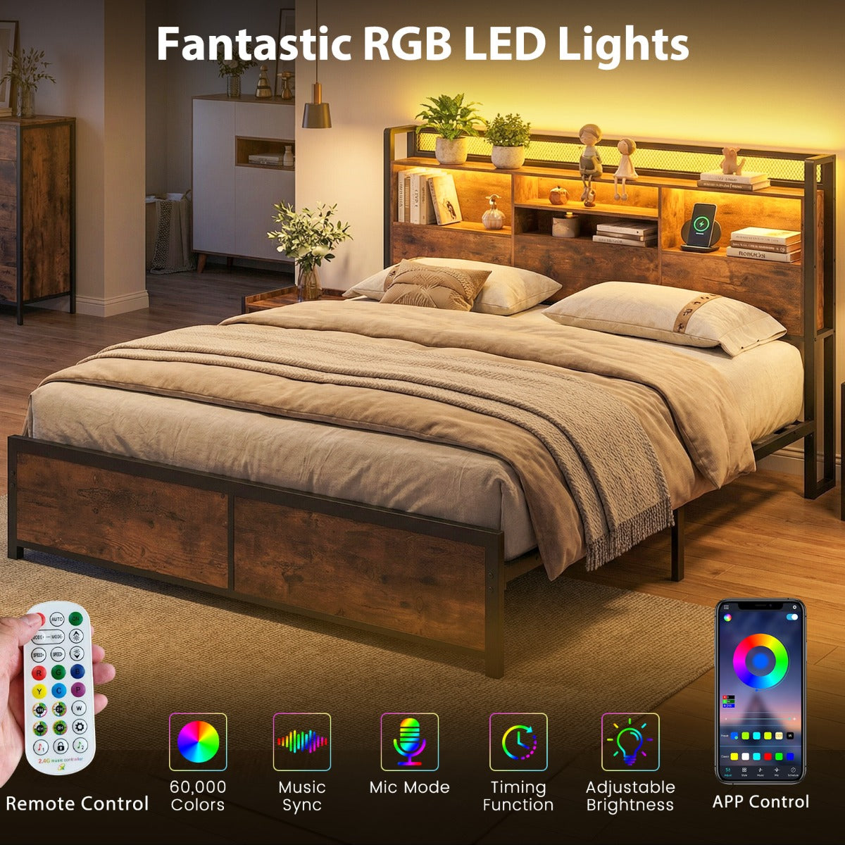 LIVSK LED-Bedframe - Aanpasbare RGB-Verlichting - Geïntegreerd Oplaadstation - Slimme Opbergruimte - Rustiek Bruin