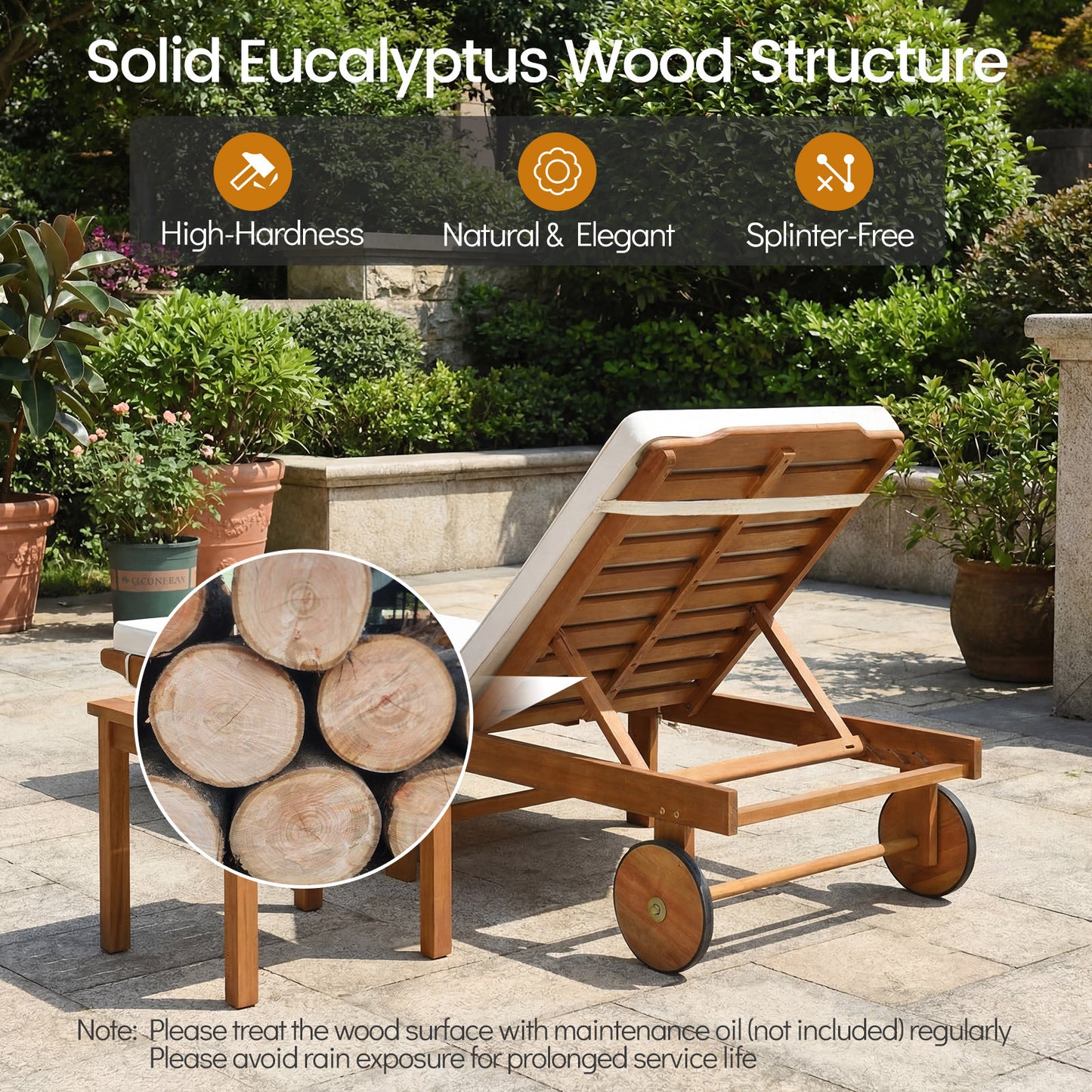LIVSK Ligstoel Eucalyptus - 5-voudig Verstelbare Rugleuning - Opklapbaar - Zacht Kussen - 180 kg Belastbaar - Beige