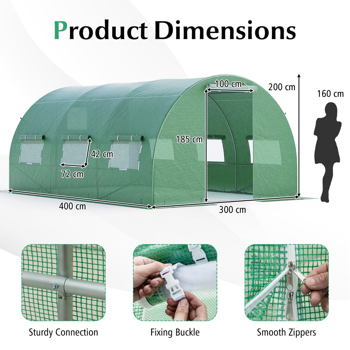 LIVSK Loopbare Foliekas 4 x 3 x 2m - 12m² Kweekhuis - Duurzaam PE - Stabiel Verzinkt IJzer - Goede Ventilatie - Groen