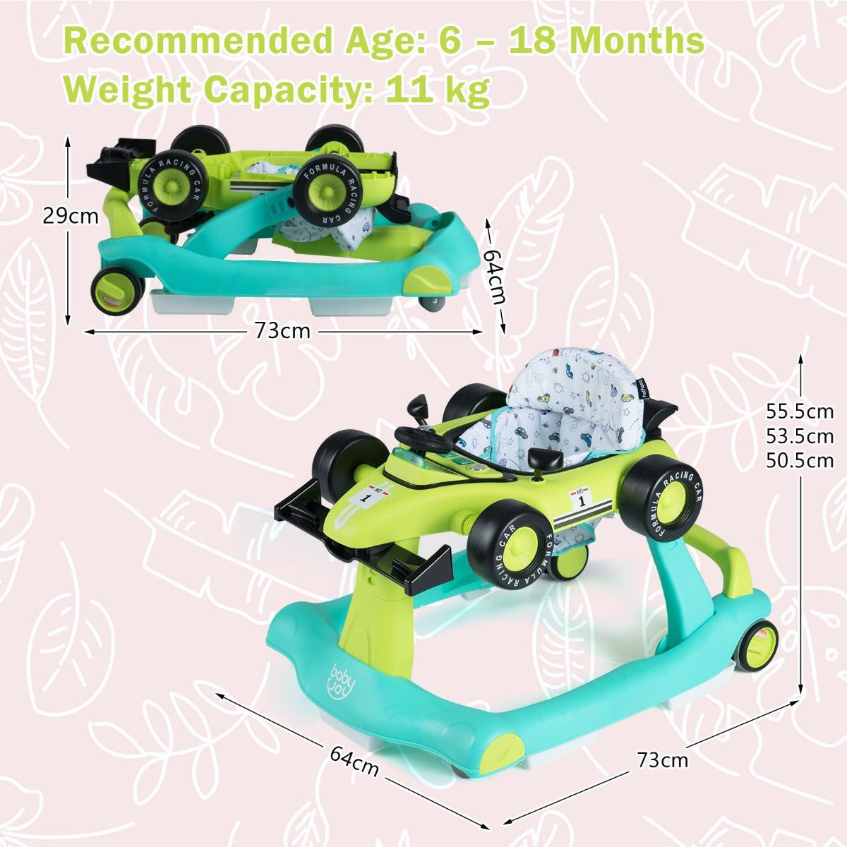LIVSK Loopwagen - 3-in-1 Multifunctioneel - Hoogte Verstelbaar - Geruisloze Wielen - Voor Baby's 6-18 maanden - Blauwgroen/Grijs